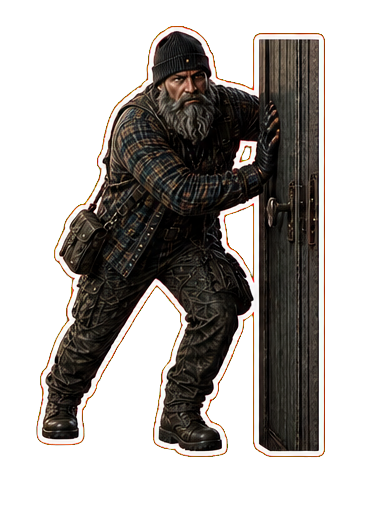Older hunter bracing a broken door sticker