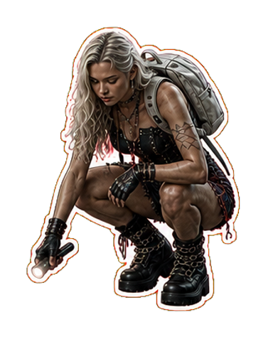 White-haired survivor examining a relic sticker
