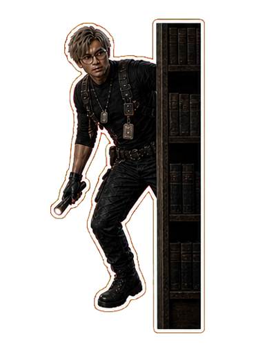 East Asian man investigating an archive shelf sticker